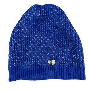Betsey Johnson Blue Knit Beanie‎ Hat Sparkle Accents Heart Logo Winter One Size